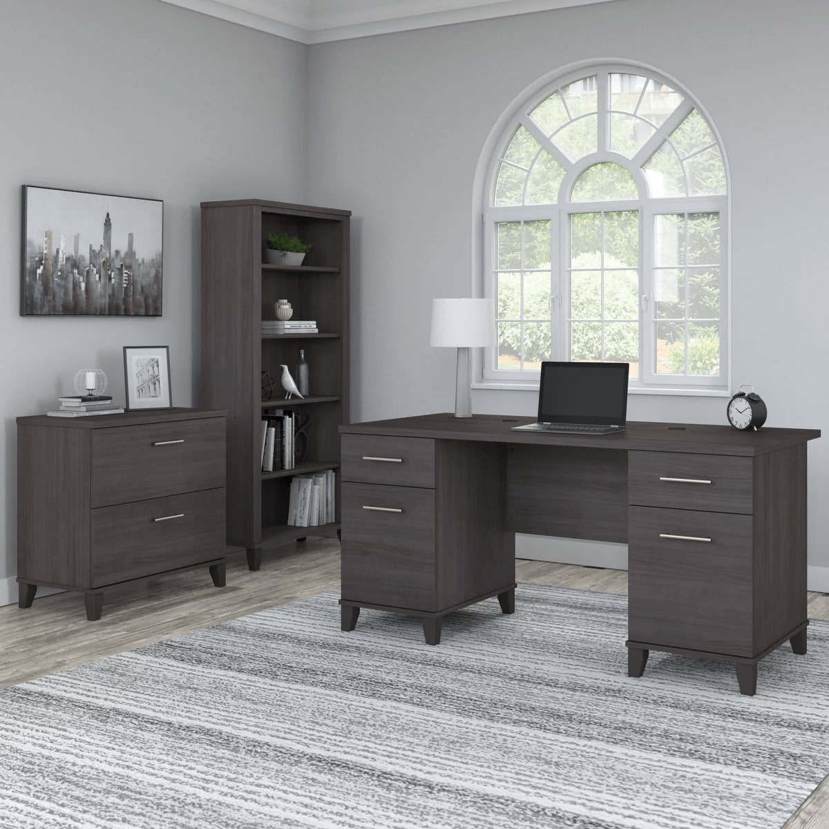Office desk with 2 file drawers and 5 shelf bookcase space view storm gray 1