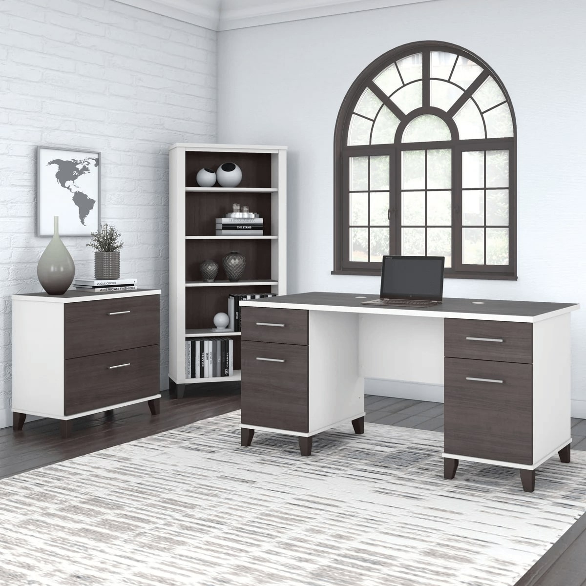 Office desk with 2 file drawers and 5 shelf bookcase space view storm gray white 1