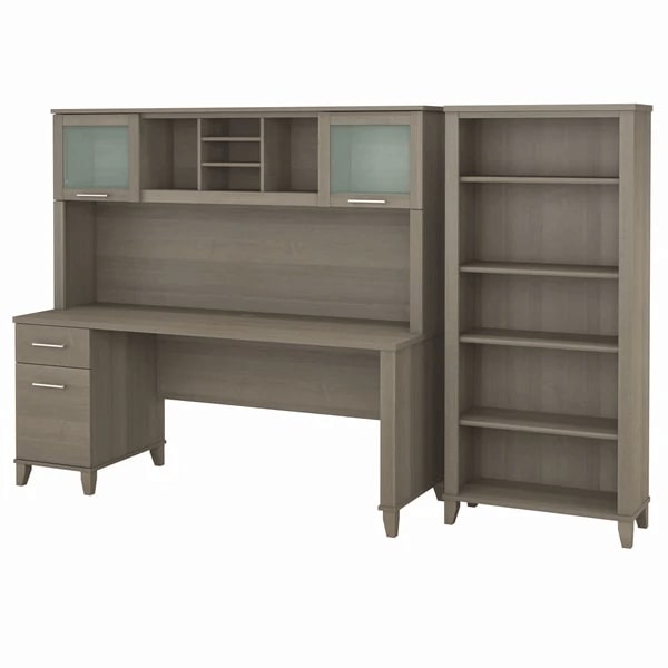 Office desk with hutch and 5 shelf bookcase highlight view ash gray 1