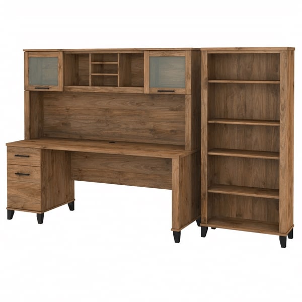 Office desk with hutch and 5 shelf bookcase highlight view fresh walnut 1