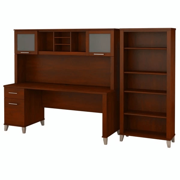 Office desk with hutch and 5 shelf bookcase highlight view hansen cherry 1