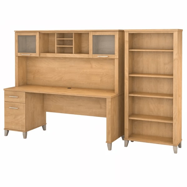Office desk with hutch and 5 shelf bookcase highlight view maple cross 1