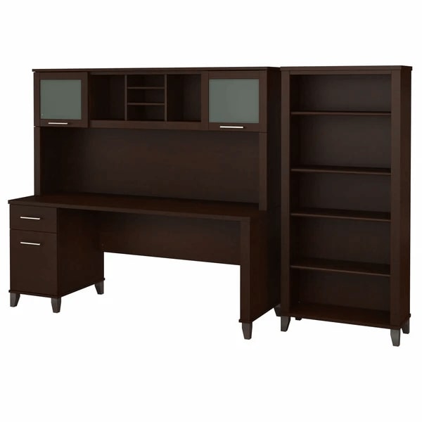 Office desk with hutch and 5 shelf bookcase highlight view mocha cherry 1