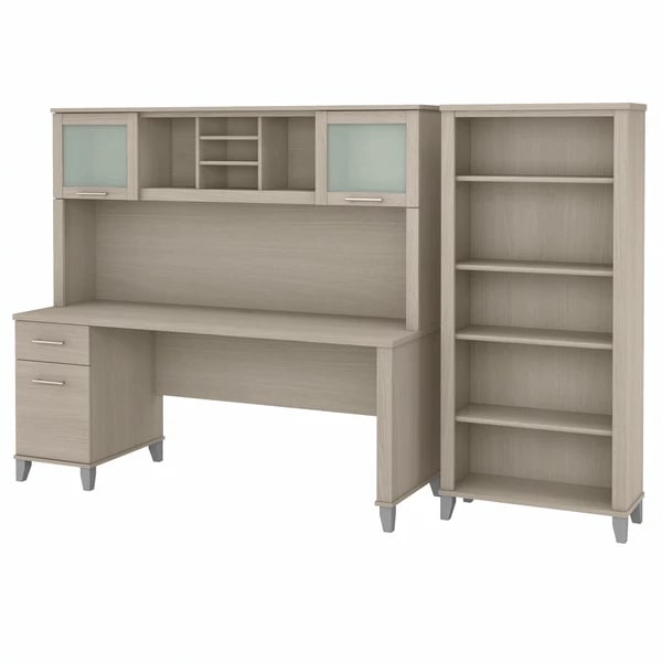 Office desk with hutch and 5 shelf bookcase highlight view sand oak 1
