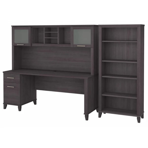 Office desk with hutch and 5 shelf bookcase highlight view storm gray 1