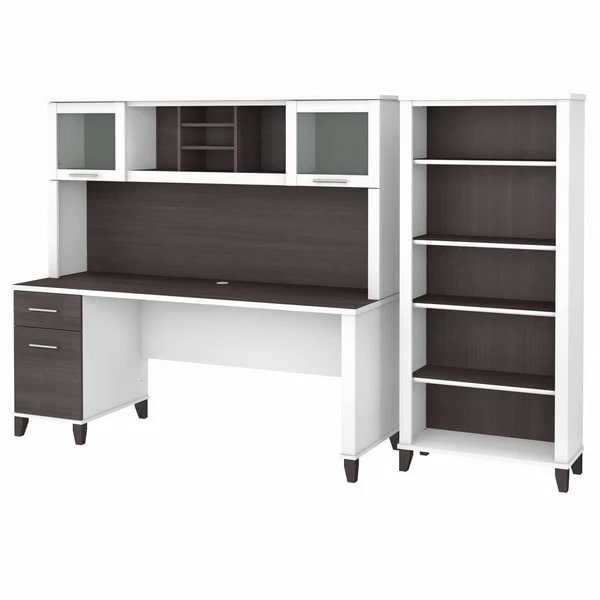 Office desk with hutch and 5 shelf bookcase highlight view storm gray white 1