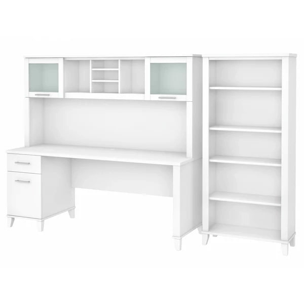 Office desk with hutch and 5 shelf bookcase highlight view white 1