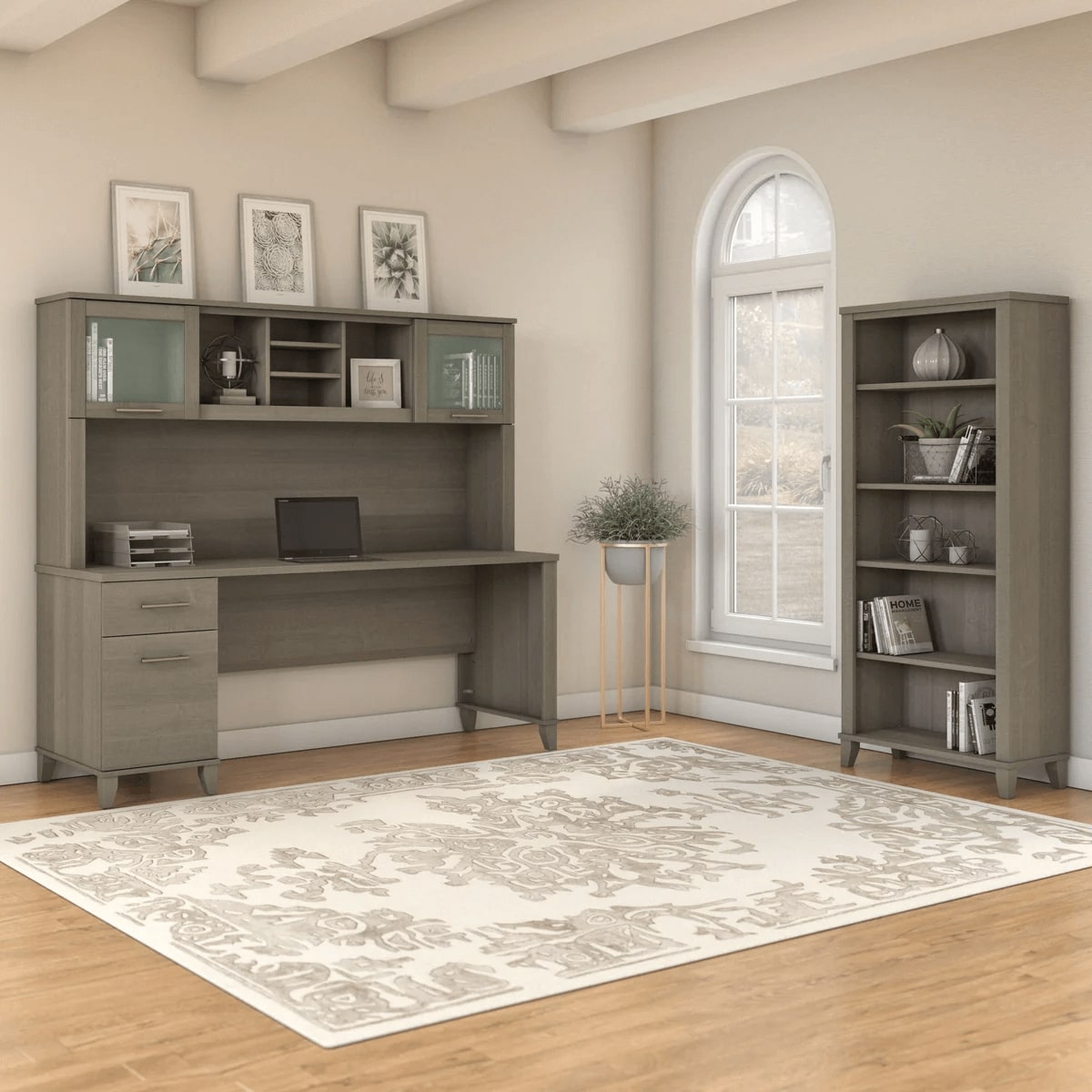 Office desk with hutch and 5 shelf bookcase space view ash gray 1