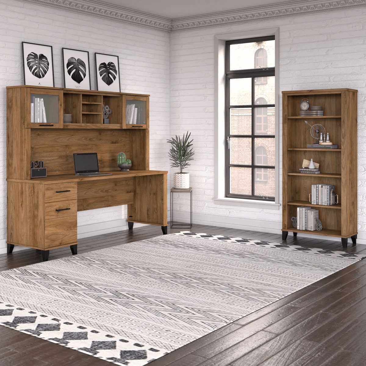 Office desk with hutch and 5 shelf bookcase space view fresh walnut 1