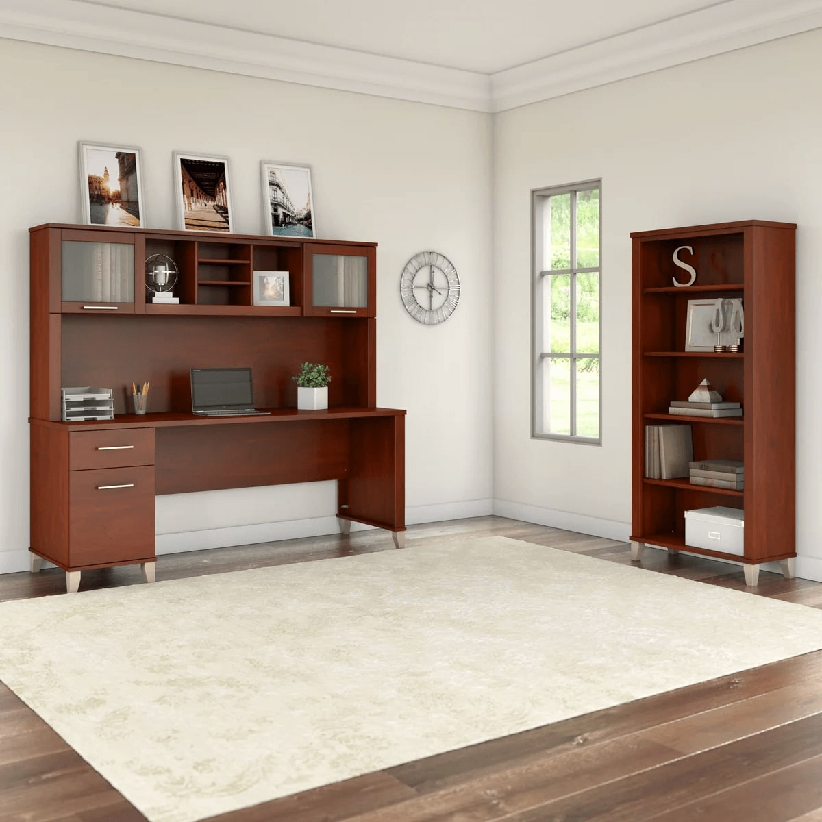 Office desk with hutch and 5 shelf bookcase space view hansen cherry 1