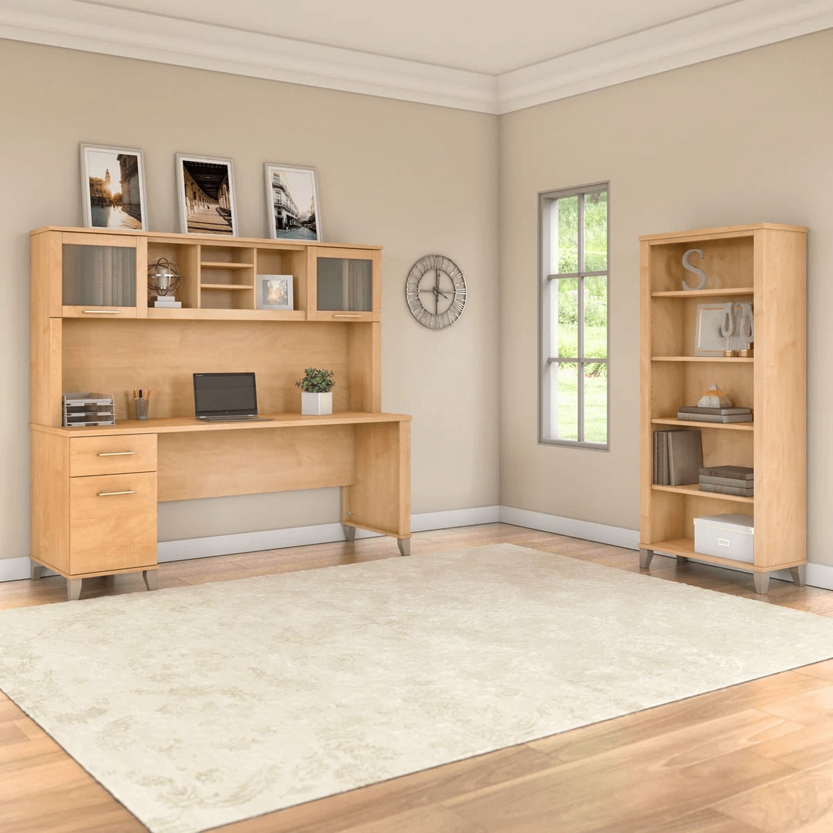 Office desk with hutch and 5 shelf bookcase space view maple cross 1