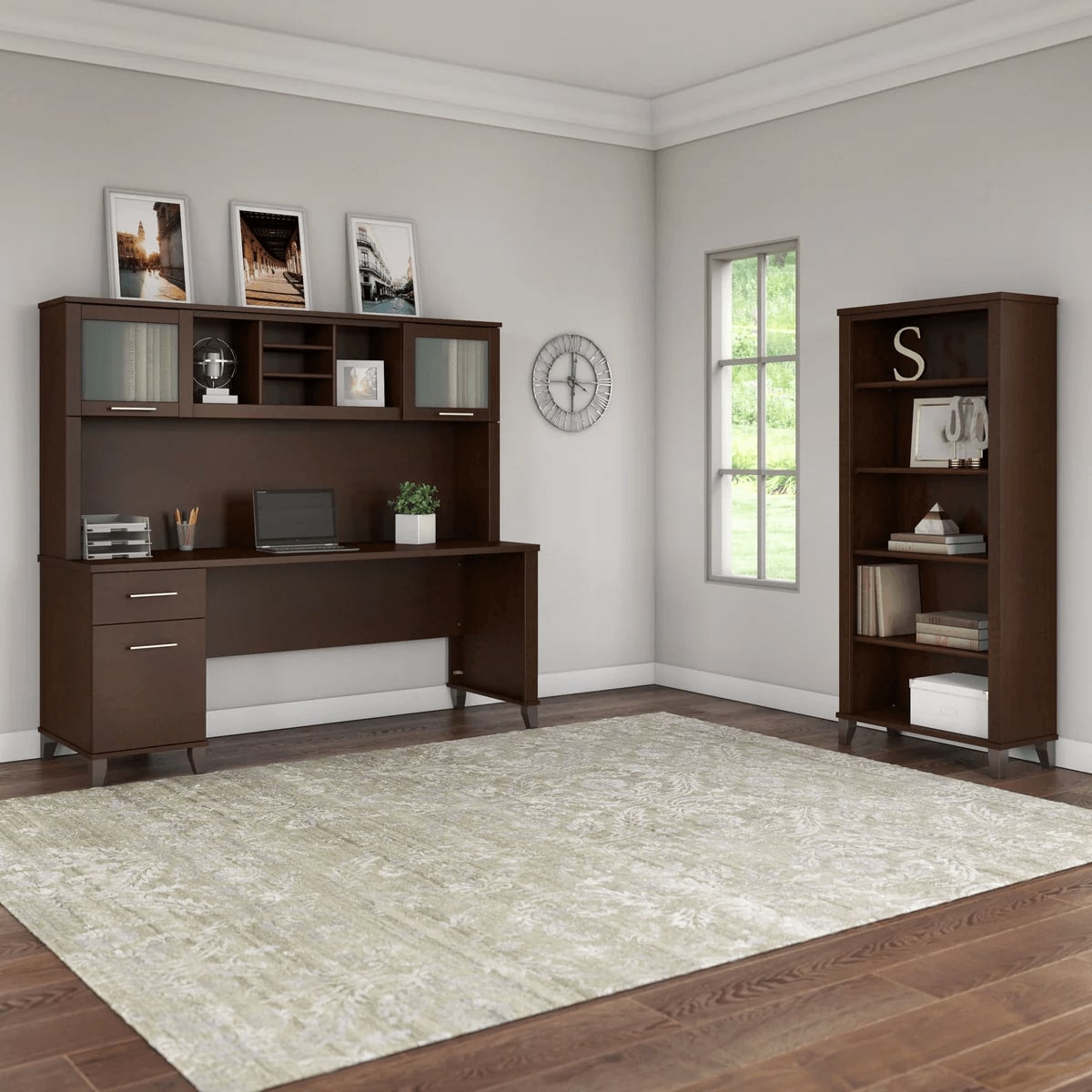 Office desk with hutch and 5 shelf bookcase space view mocha cherry 1