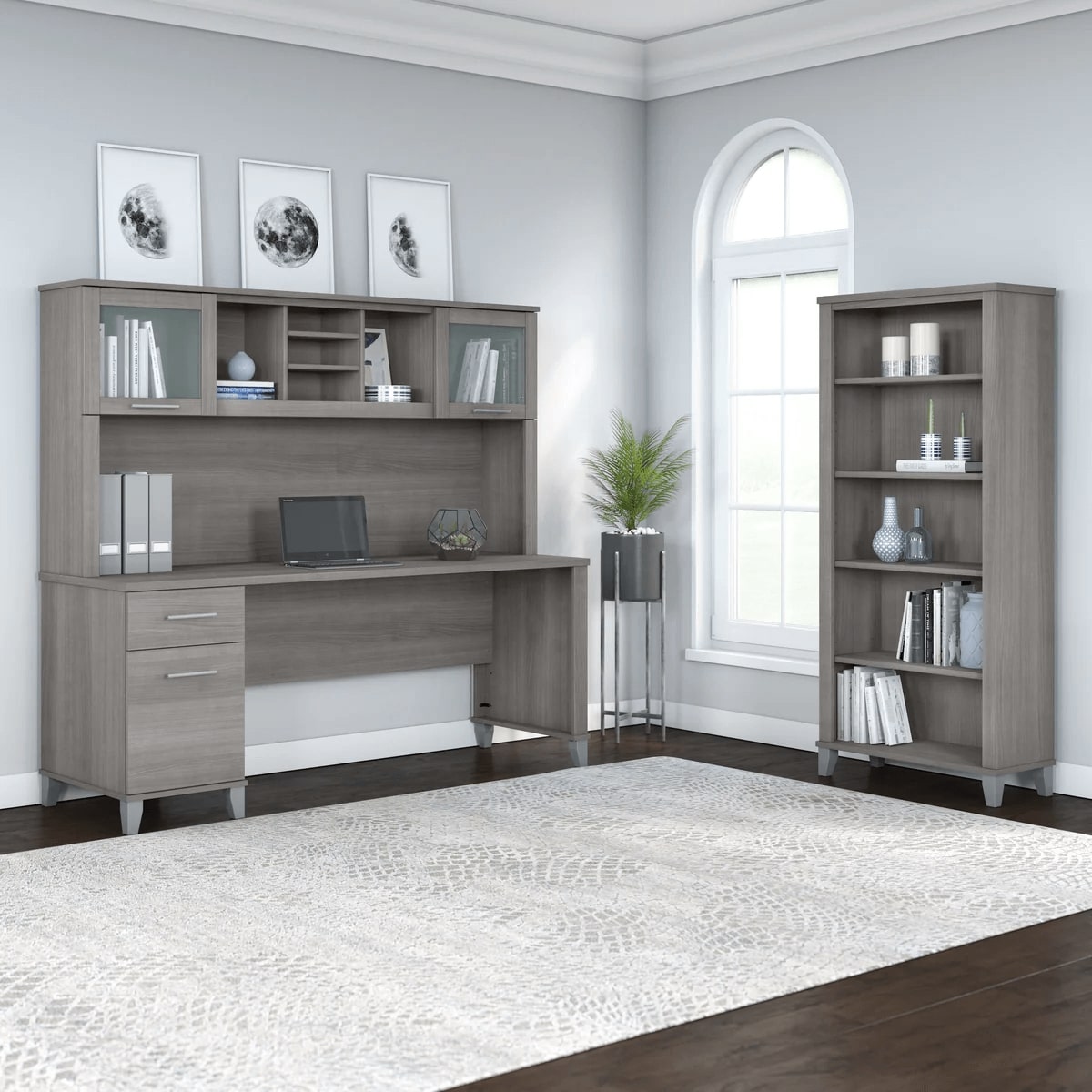 Office desk with hutch and 5 shelf bookcase space view platinum gray 1