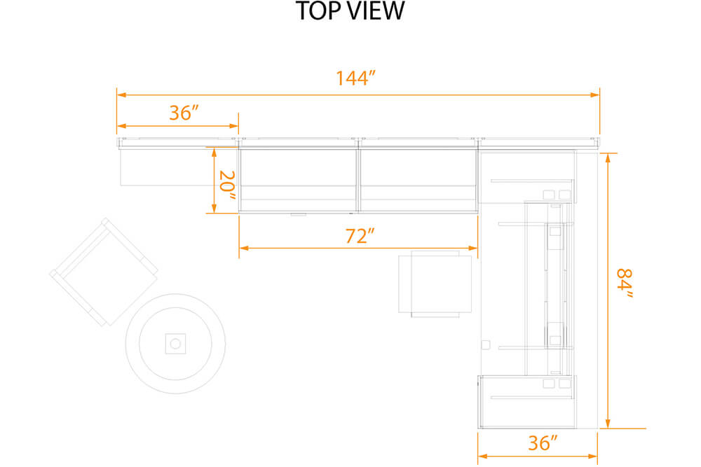Personal office furniture top view dimensions