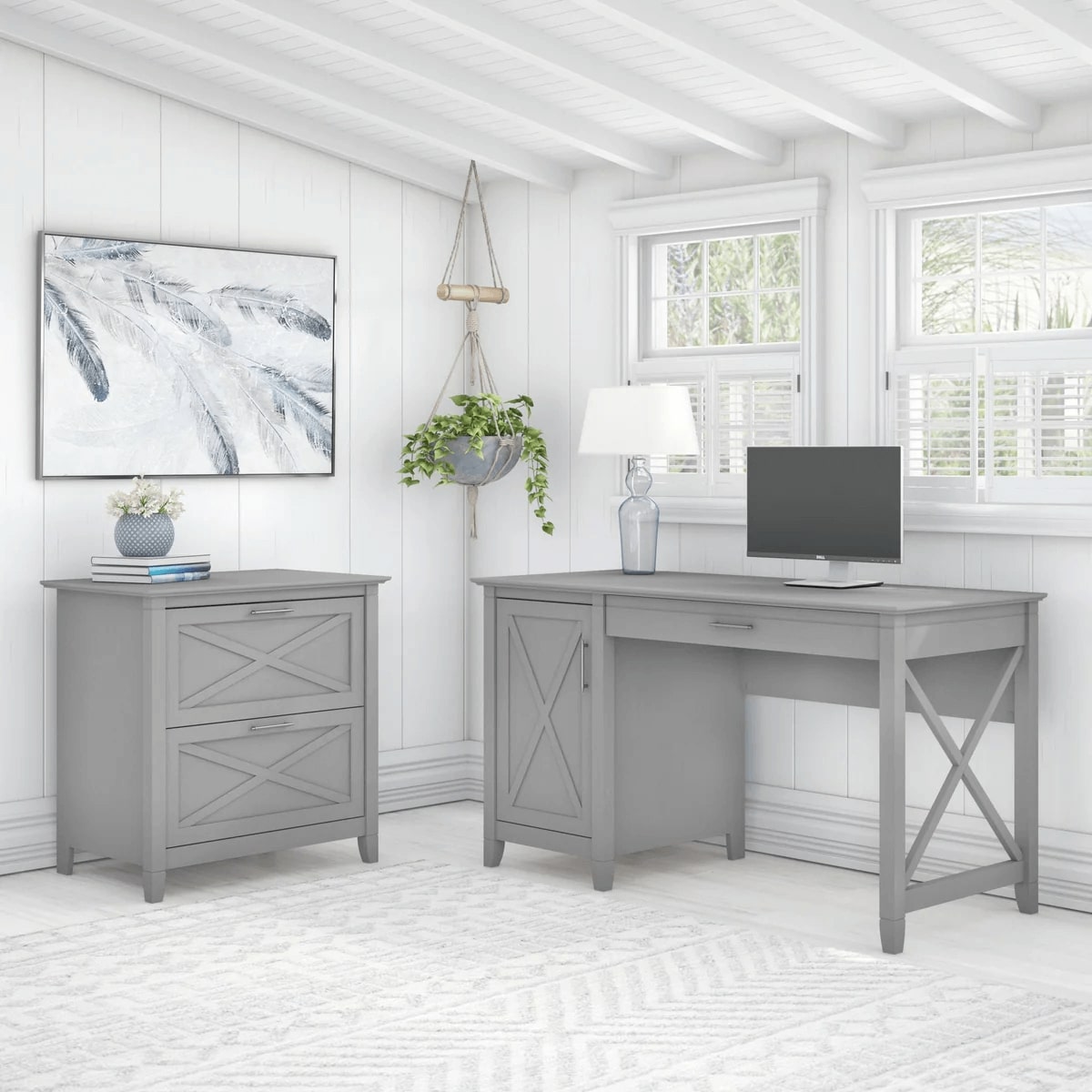 Rustic style desk with drawer lateral file cabinet space view cape cod gray