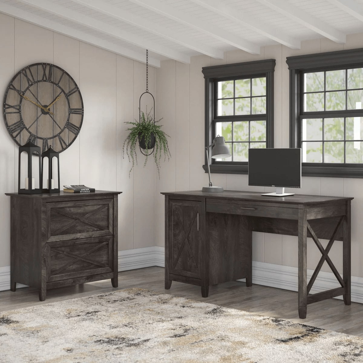 Rustic style desk with drawer lateral file cabinet space view dark gray hickory