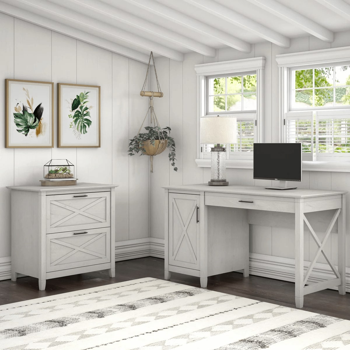 Rustic style desk with drawer lateral file cabinet space view linen white oak