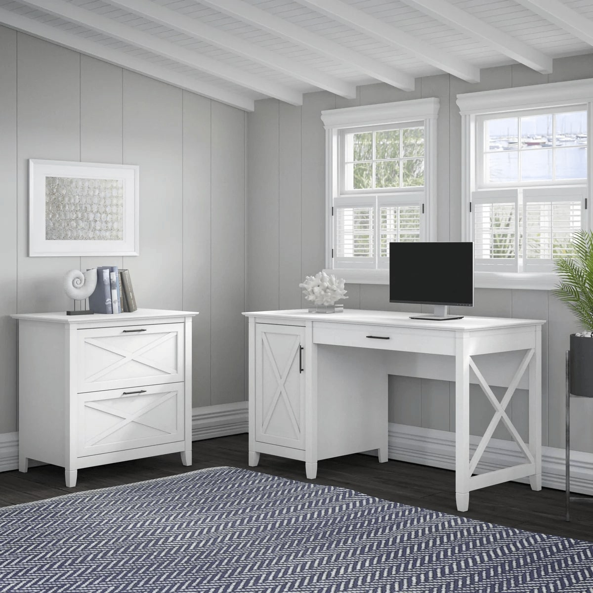 Rustic style desk with drawer lateral file cabinet space view pure white oak