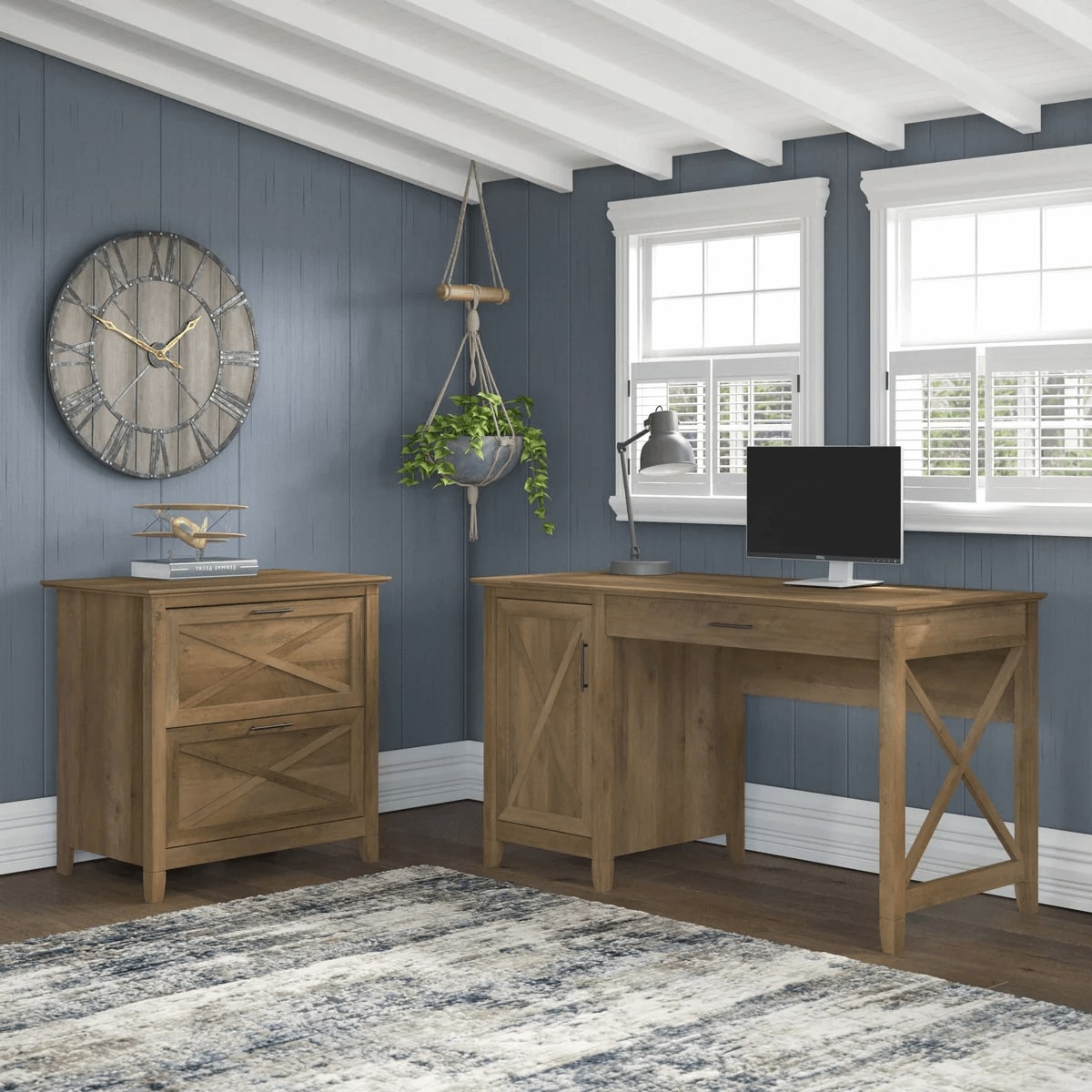 Rustic style desk with drawer lateral file cabinet space view reclaimed pine