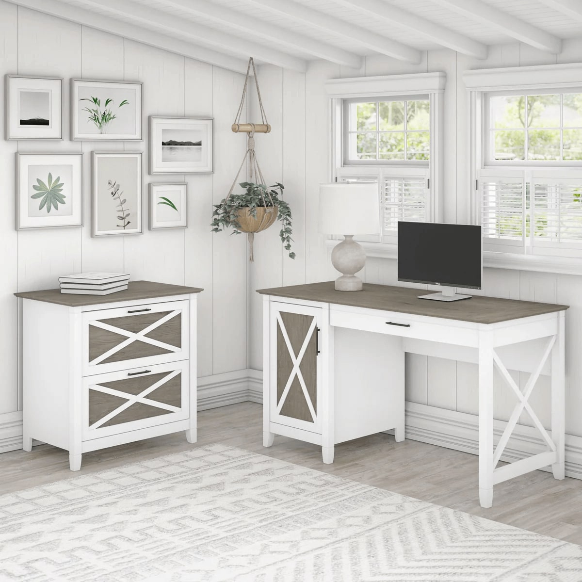 Rustic style desk with drawer lateral file cabinet space view shiplap gray pure white
