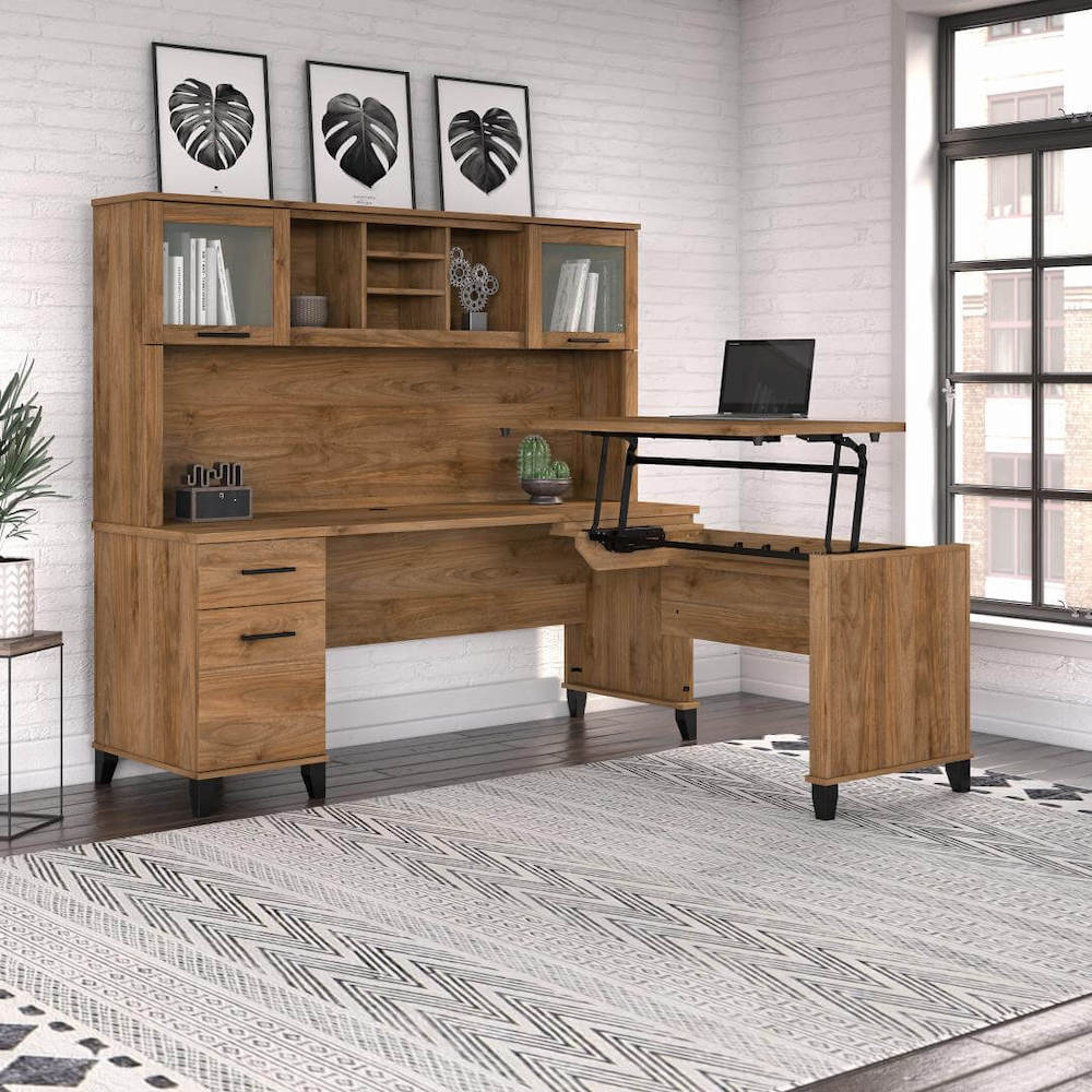 Sit and stand desk sit and stand corner desk computer desk with standing option fresh walnut space view