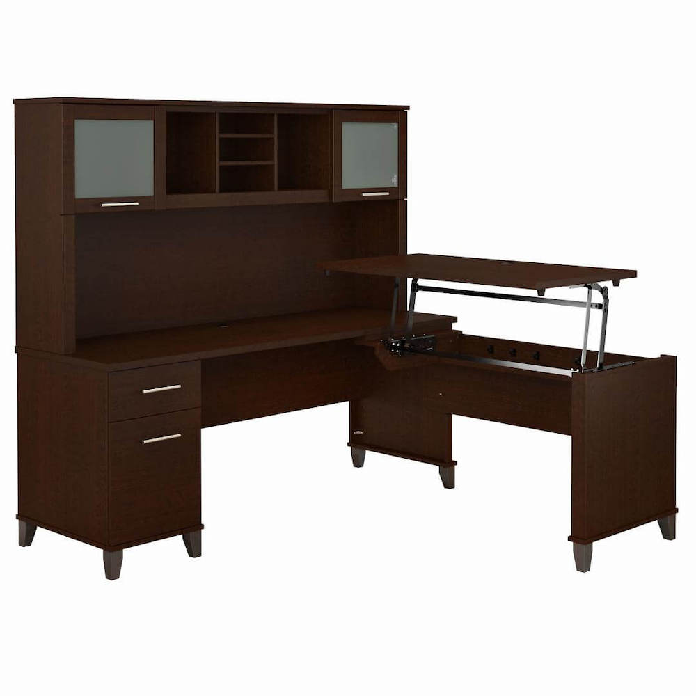 Sit and stand desk sit and stand corner desk computer desk with standing option mocha cherry angle view