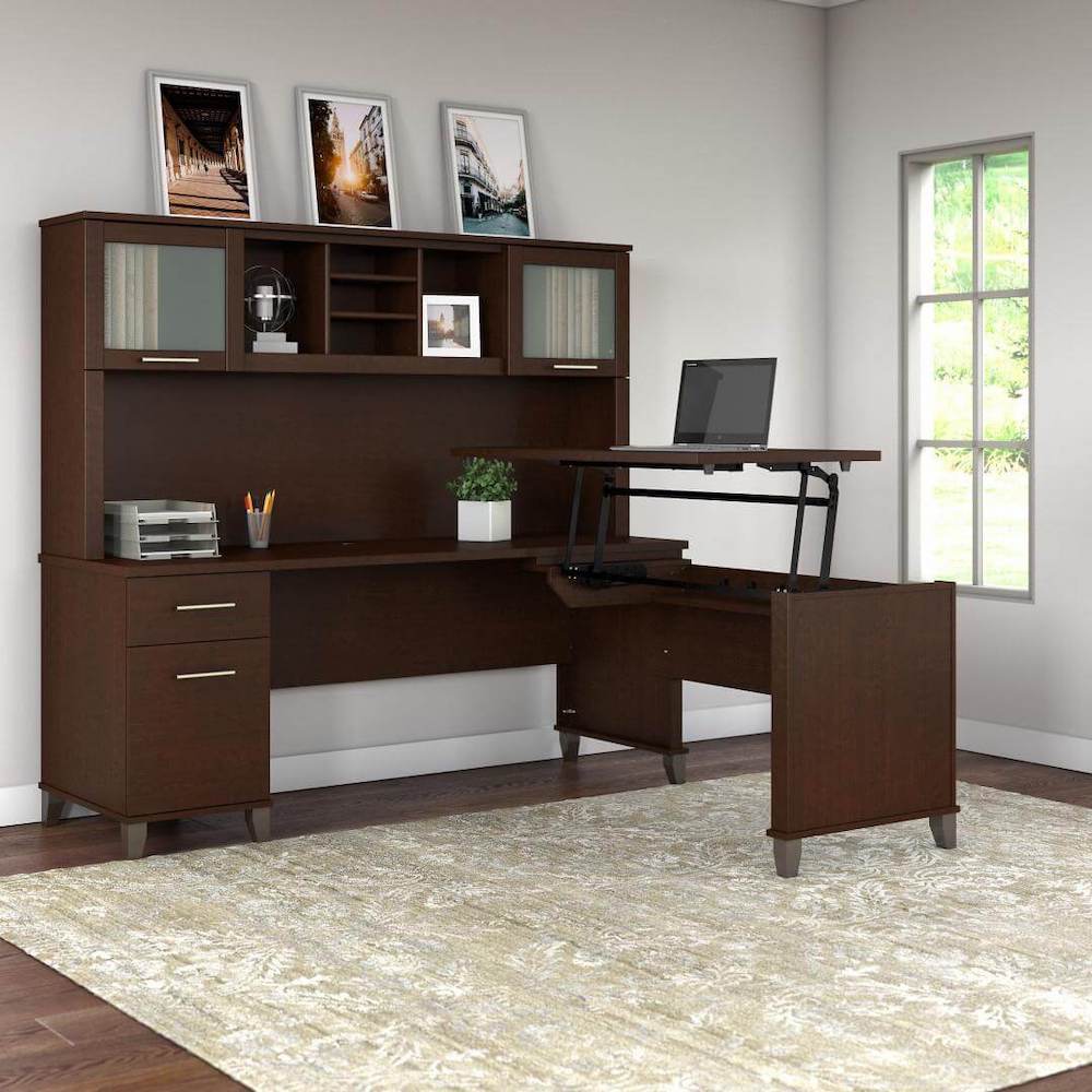 Sit and stand desk sit and stand corner desk computer desk with standing option mocha cherry space view