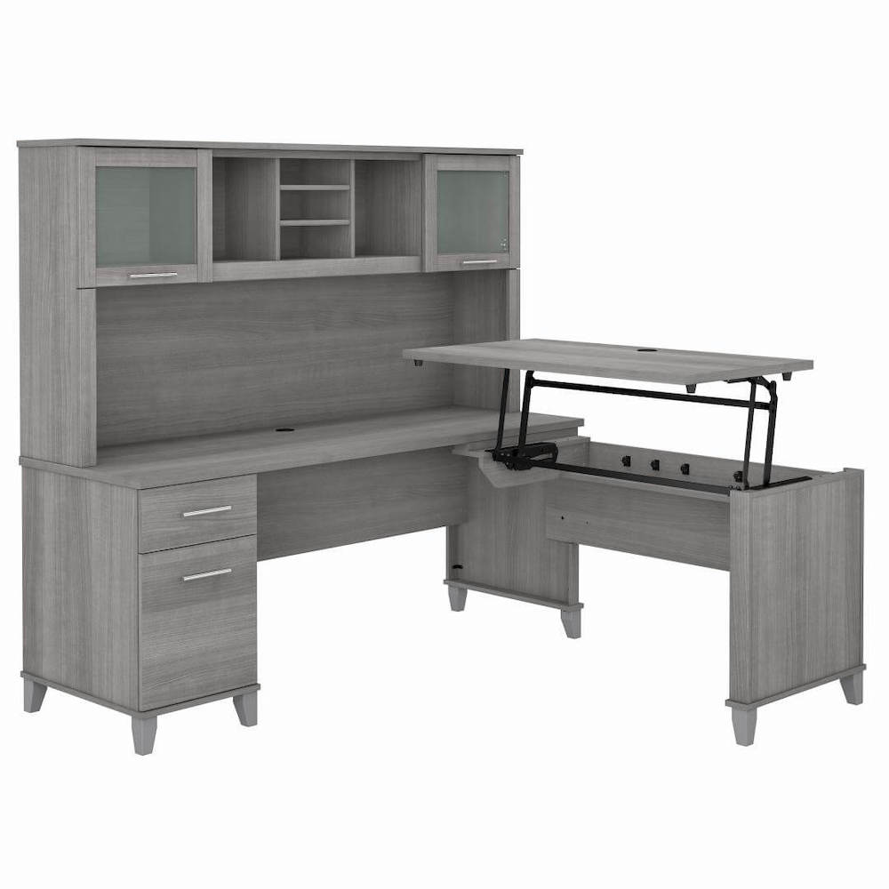 Sit and stand desk sit and stand corner desk computer desk with standing option platinum gray angle view