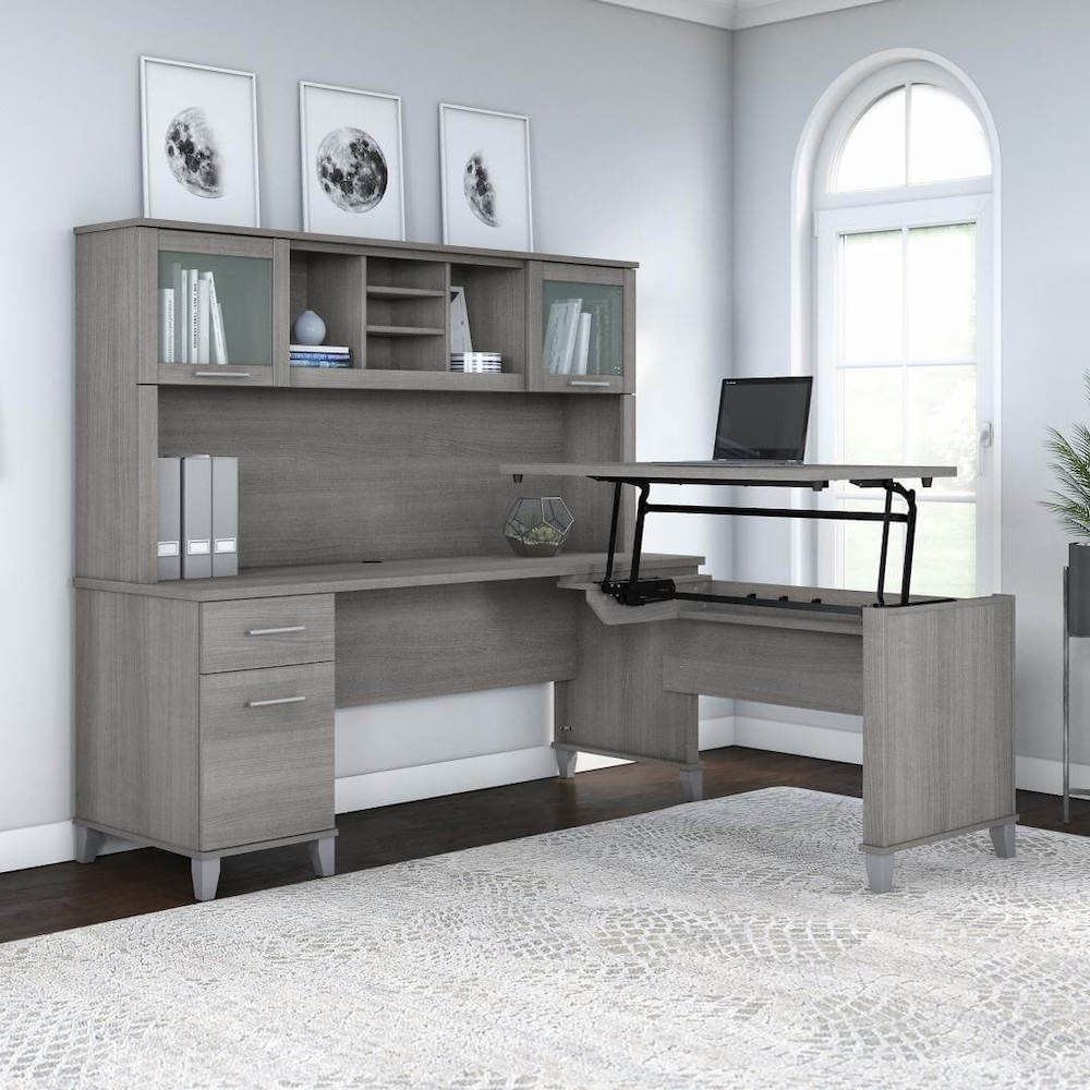 Sit and stand desk sit and stand corner desk computer desk with standing option platinum gray space view