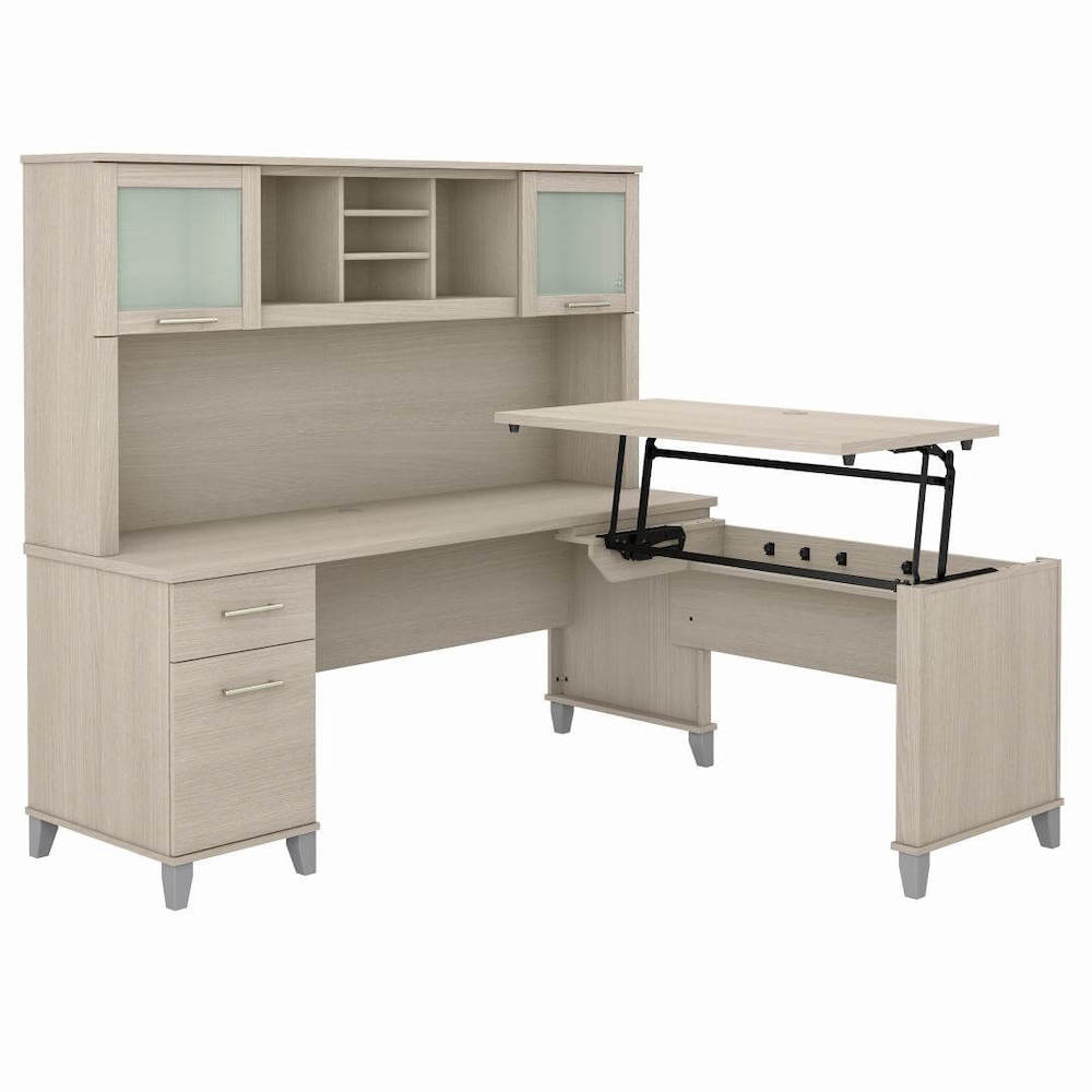 Sit and stand desk sit and stand corner desk computer desk with standing option sand oak angle view