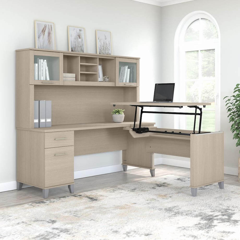 Sit and stand desk sit and stand corner desk computer desk with standing option sand oak space view