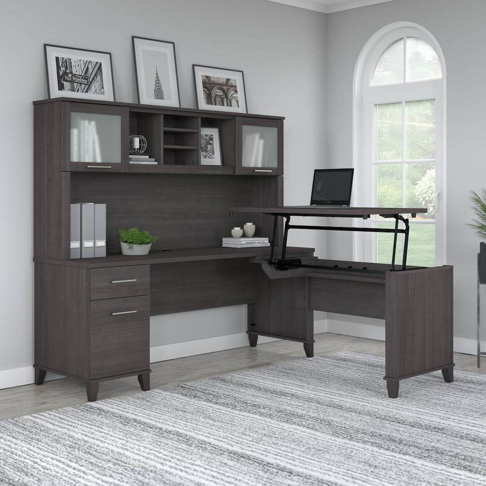Sit and stand desk sit and stand corner desk computer desk with standing option storm gray space view