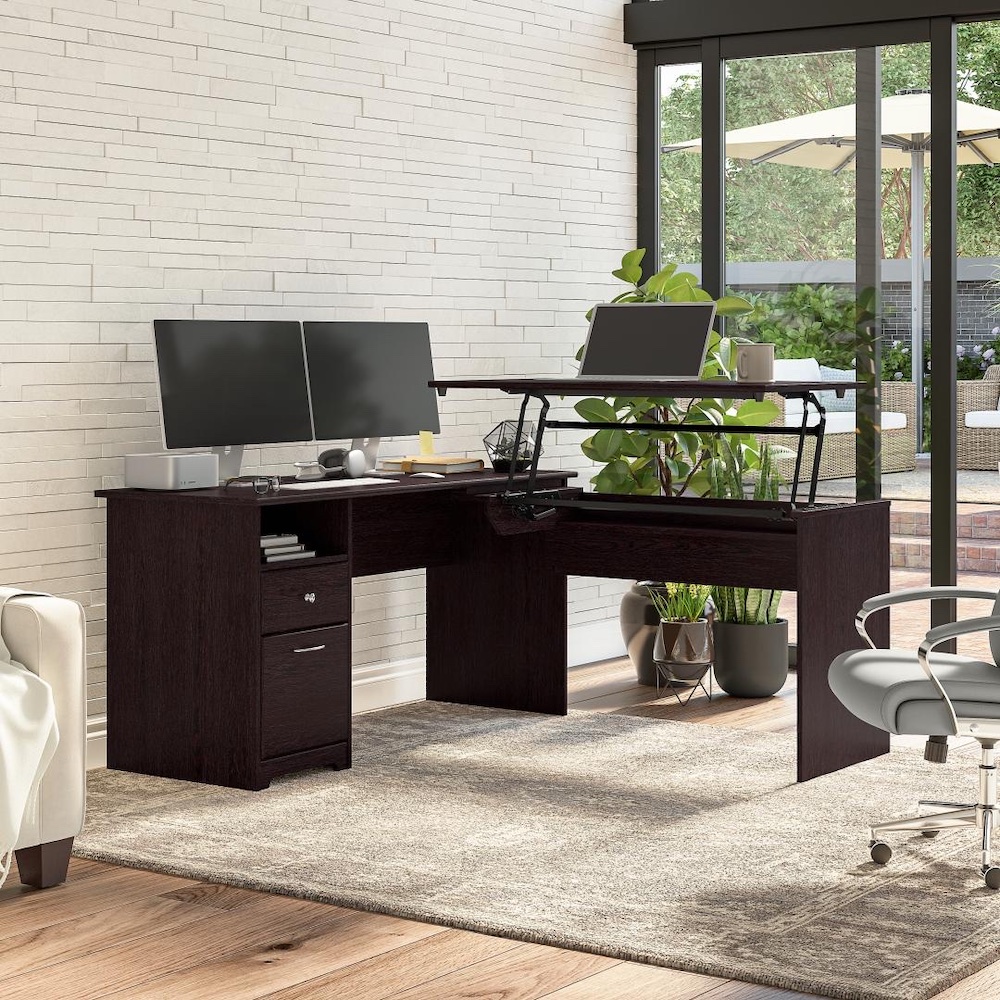Sit and stand desk sit and stand corner desk standing desk for home office 60w espresso oak space view 1