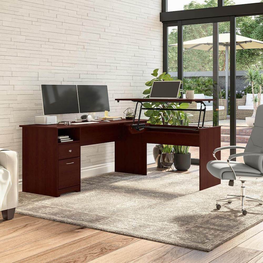 Sit and stand desk sit and stand corner desk standing desk for home office 72w harvest cherry space view