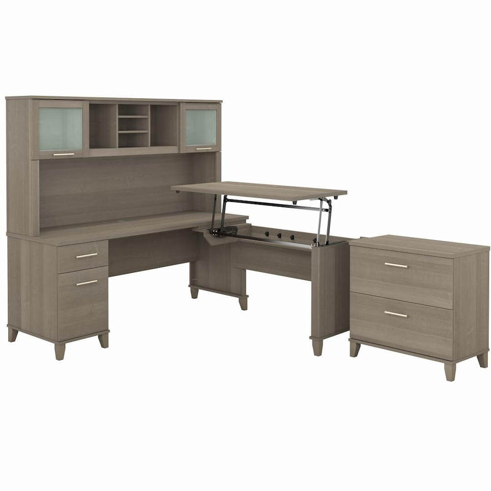 Sit and stand desk sit and stand corner desk standing desk with storage ash gray angle view