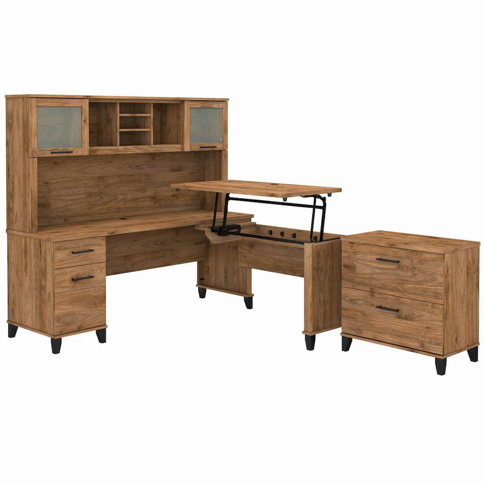 Sit and stand desk sit and stand corner desk standing desk with storage fresh walnut angle view