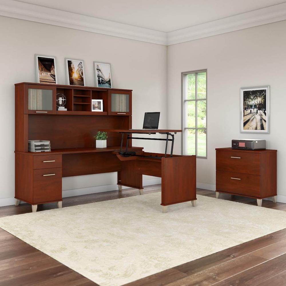 Sit and stand desk sit and stand corner desk standing desk with storage hansen cherry space view