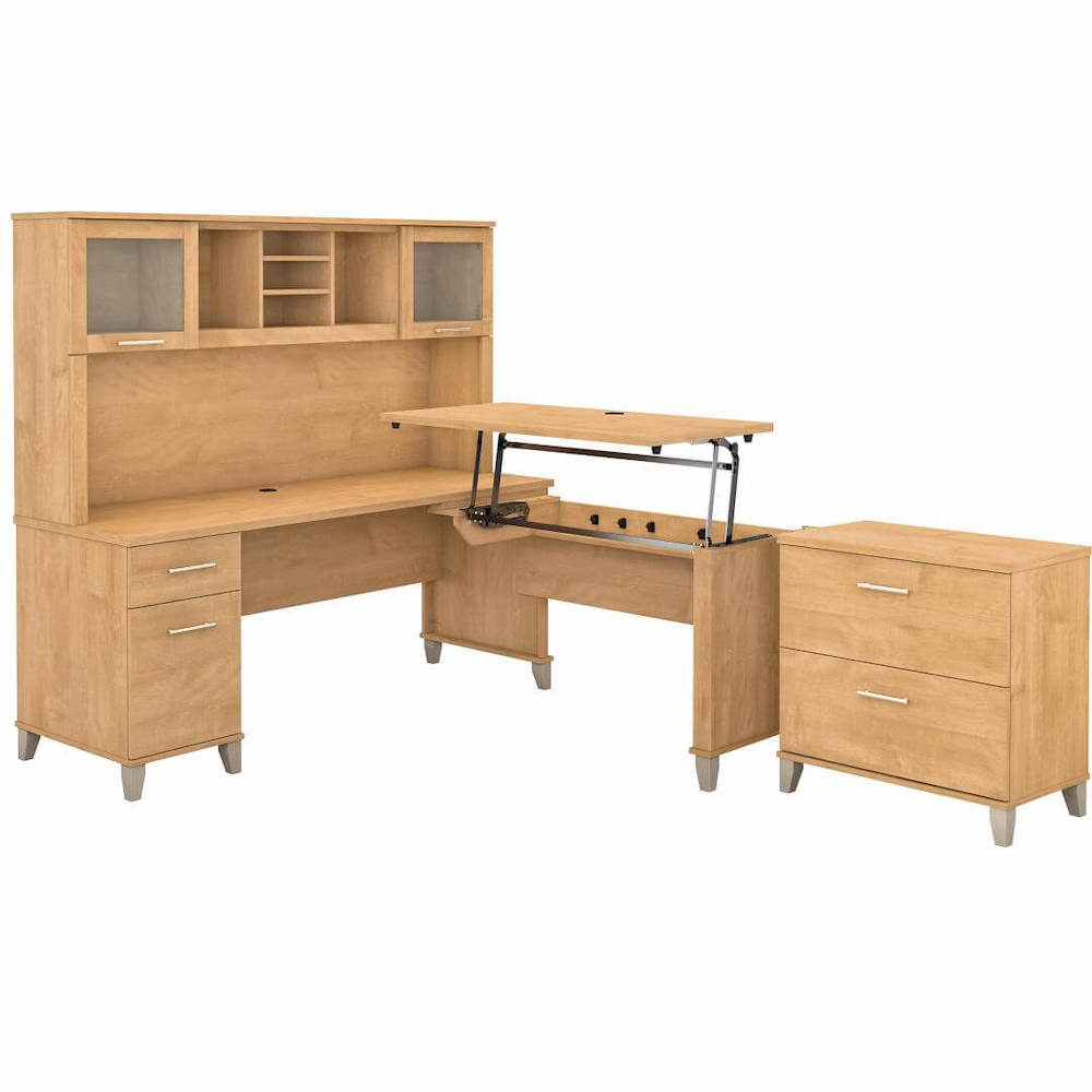 Sit and stand desk sit and stand corner desk standing desk with storage maple cross angle view
