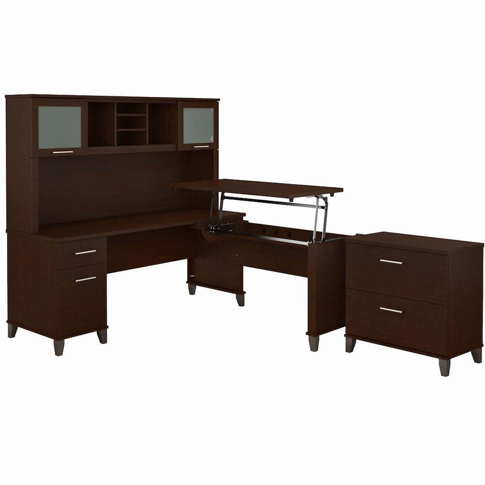 Sit and stand desk sit and stand corner desk standing desk with storage mocha cherry angle view