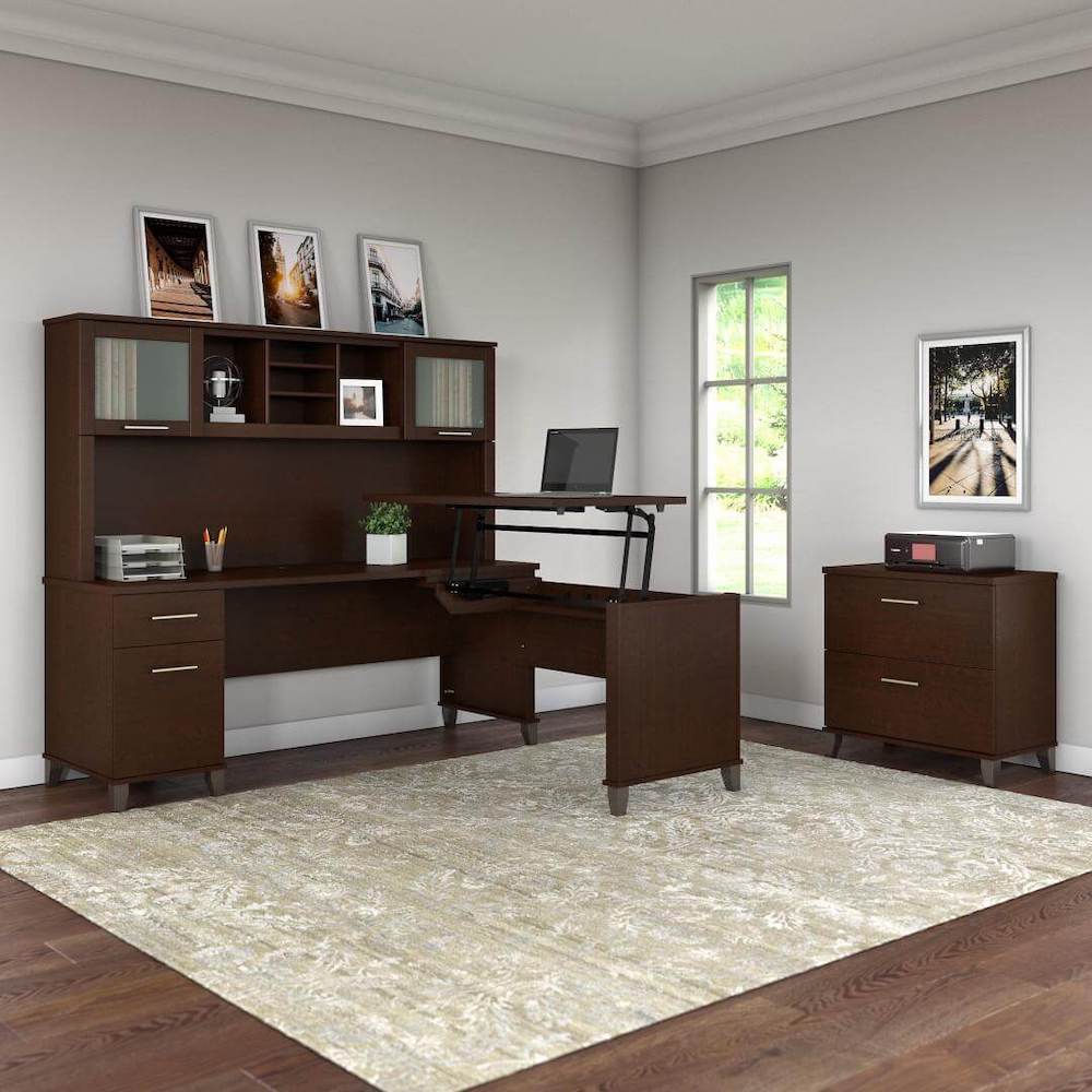 Sit and stand desk sit and stand corner desk standing desk with storage mocha cherry space view
