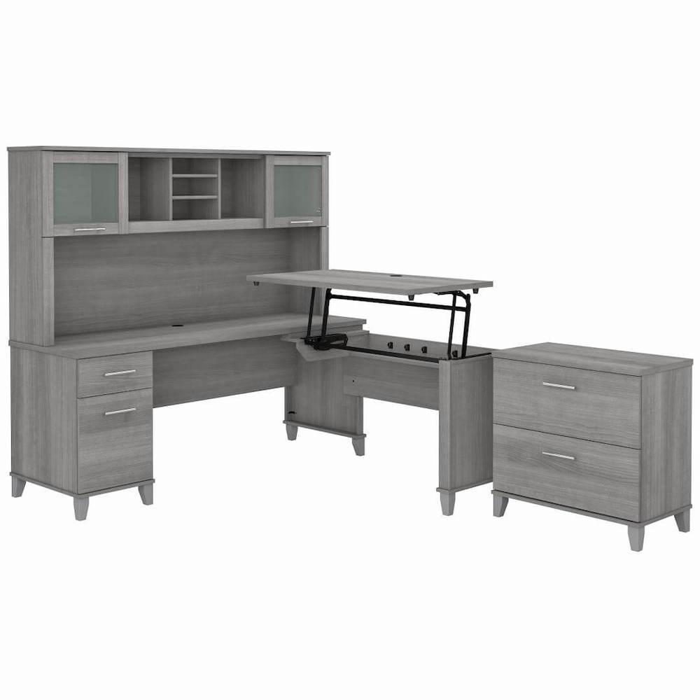 Sit and stand desk sit and stand corner desk standing desk with storage platinum gray angle view