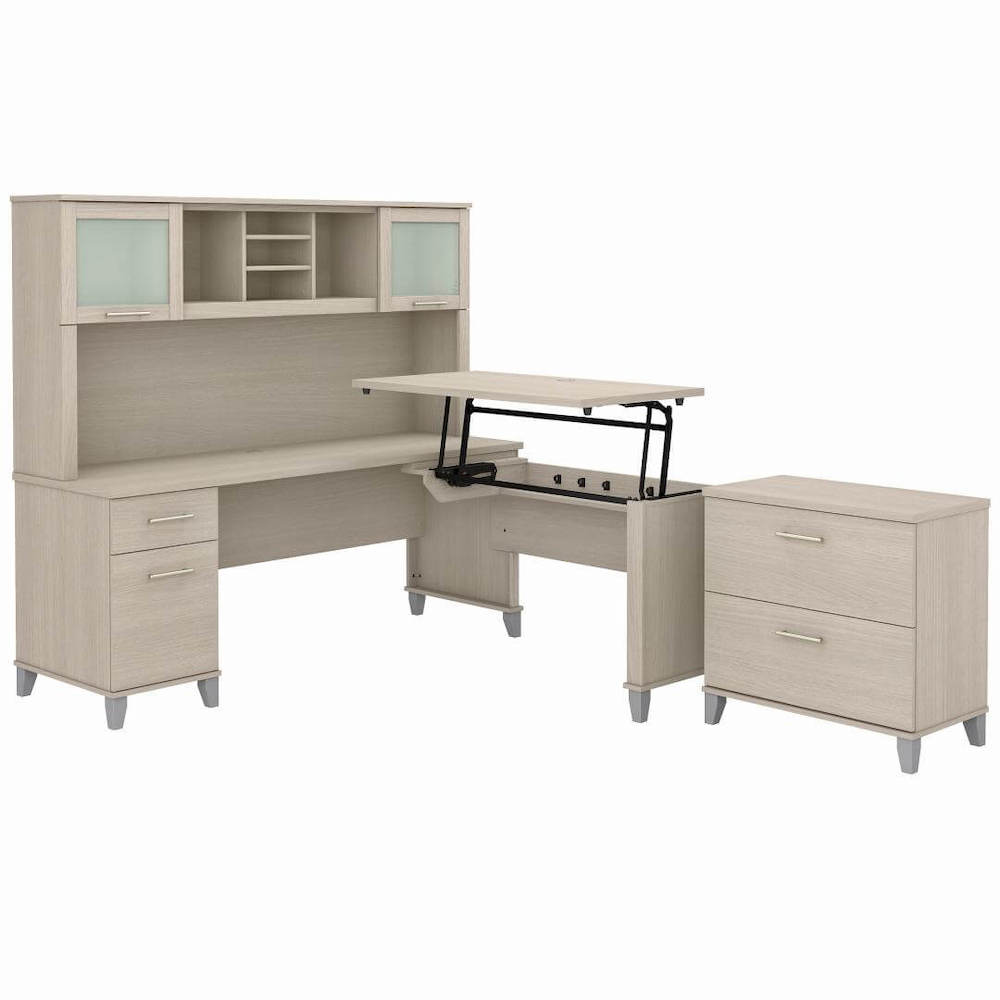 Sit and stand desk sit and stand corner desk standing desk with storage sand oak angle view