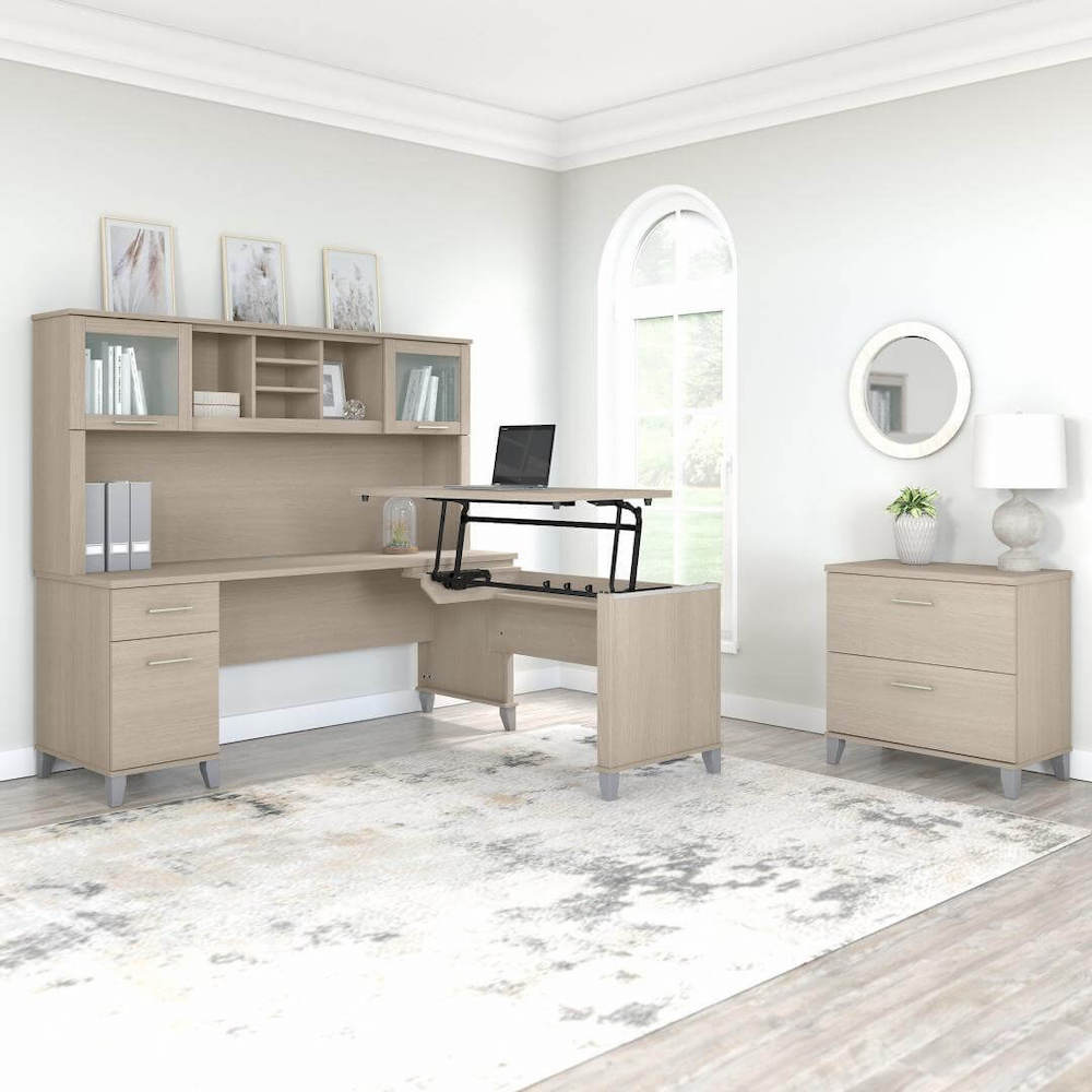 Sit and stand desk sit and stand corner desk standing desk with storage sand oak space view