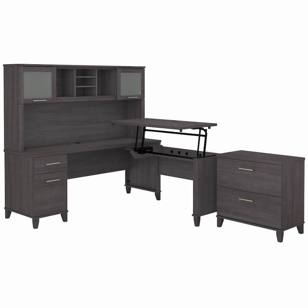 Sit and stand desk sit and stand corner desk standing desk with storage storm gray angle view