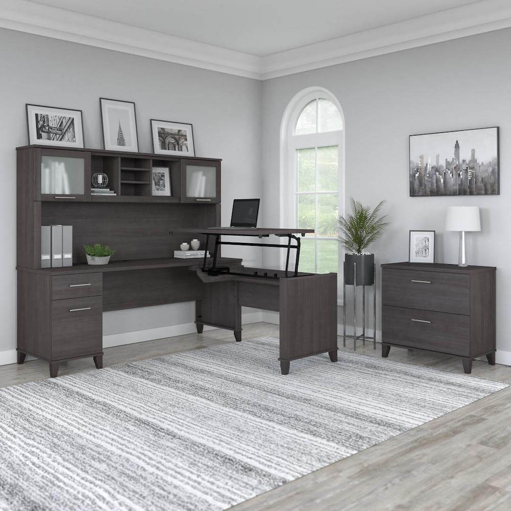 Sit and stand desk sit and stand corner desk standing desk with storage storm gray space view