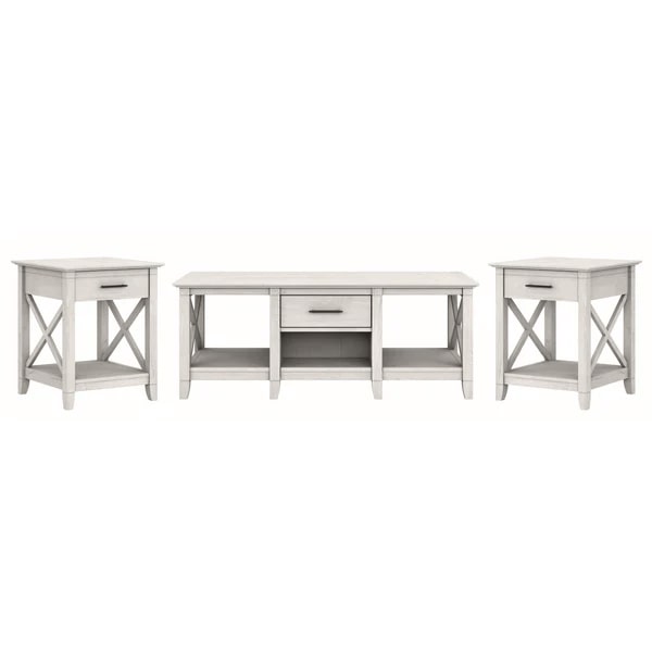 West coffee table with set of two end tables highlight linen white oak