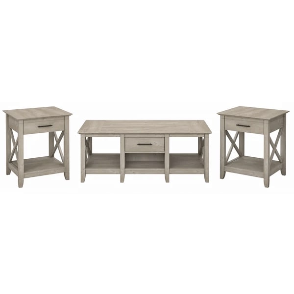 West coffee table with set of two end tables highlight washed gray