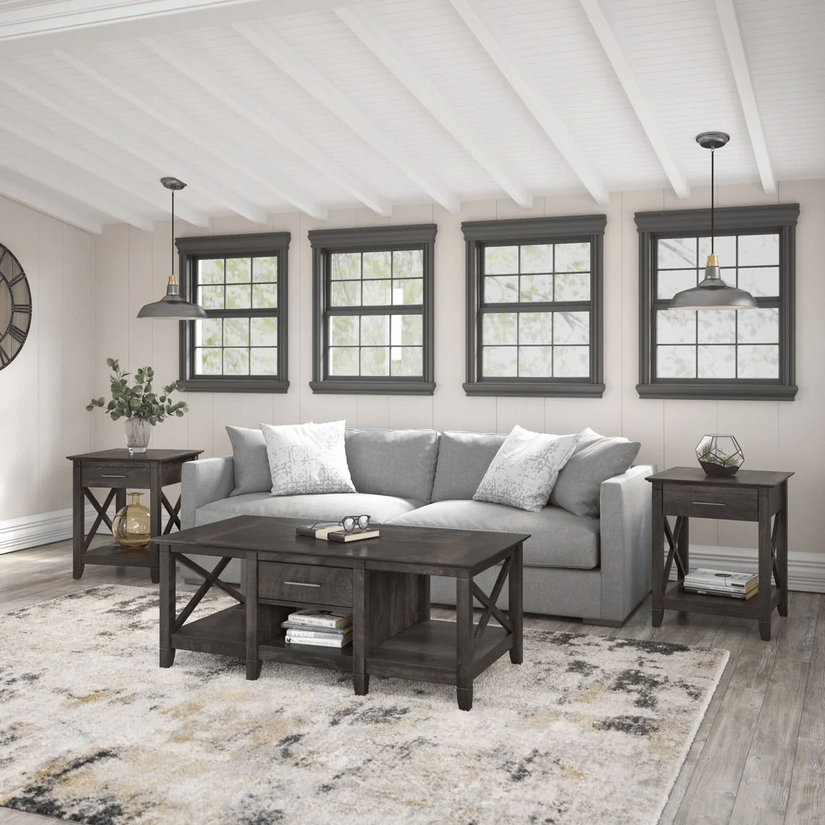 West coffee table with set of two end tables space view dark gray hickory