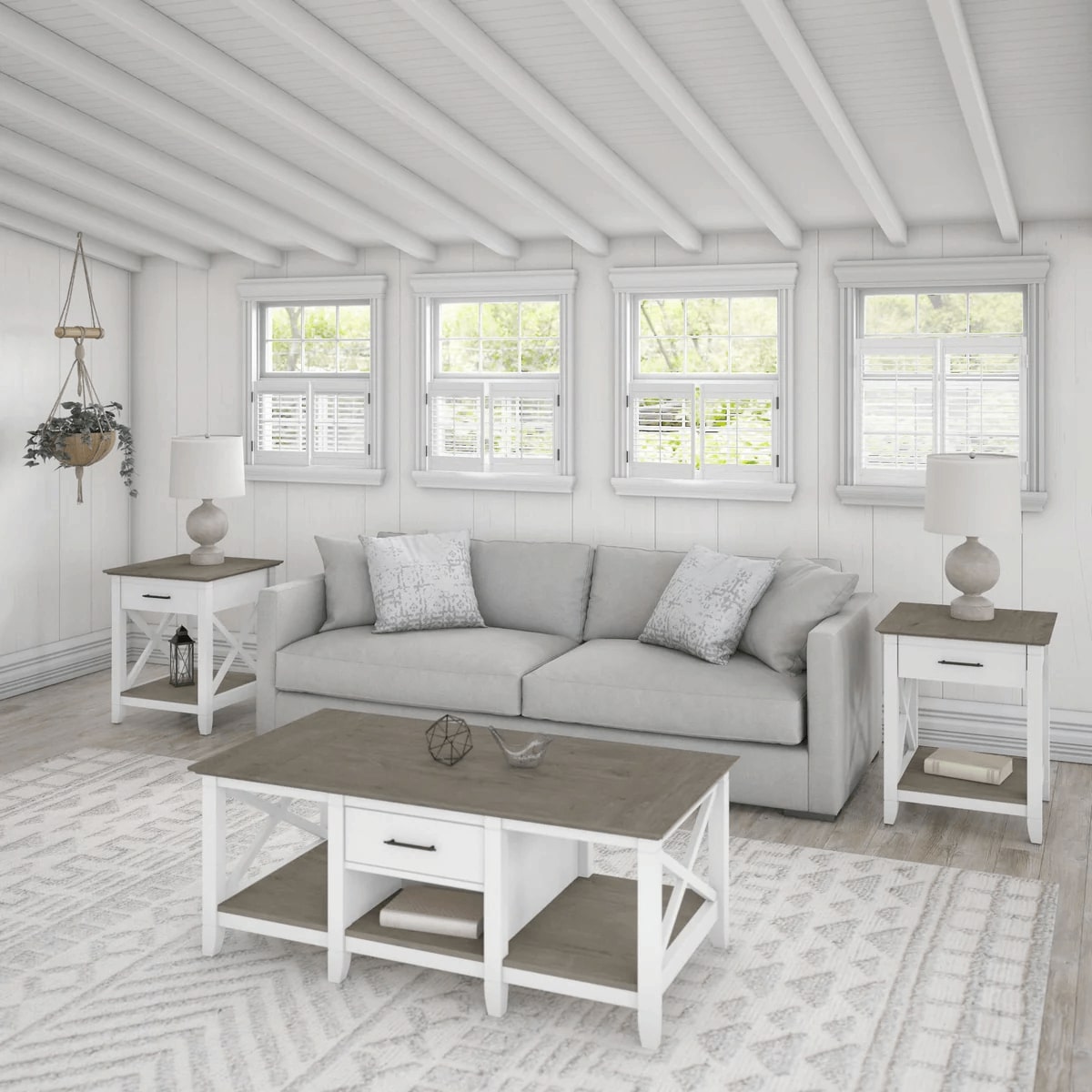 West coffee table with set of two end tables space view shiplap gray pure white