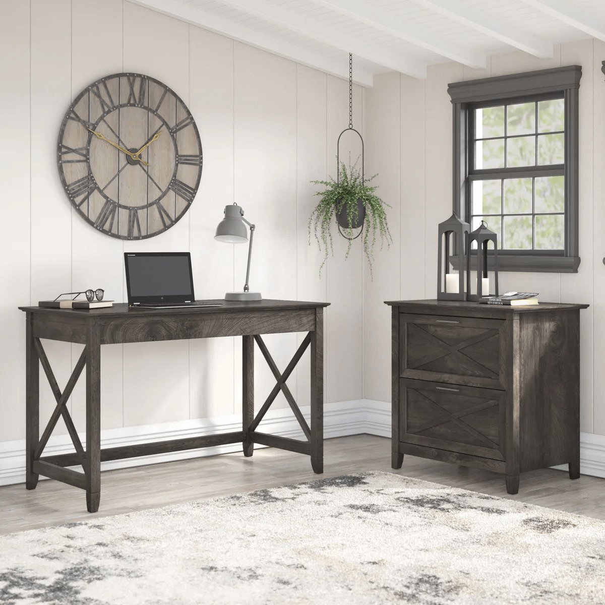 West style desk with 2 drawer lateral file cabinet space view dark gray hickory